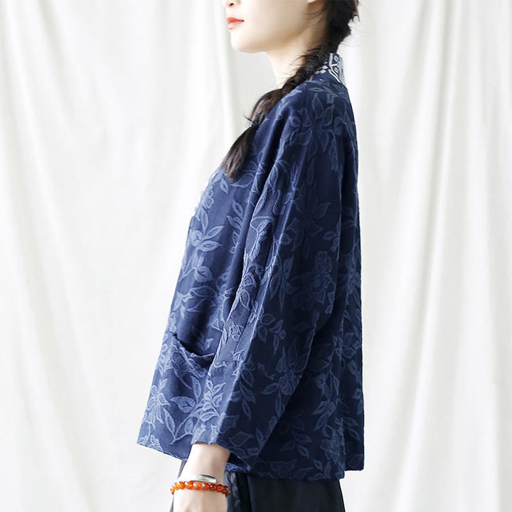 Buddha Stones Flower Jacquard V-Neck Long Sleeve Jacket - image 3