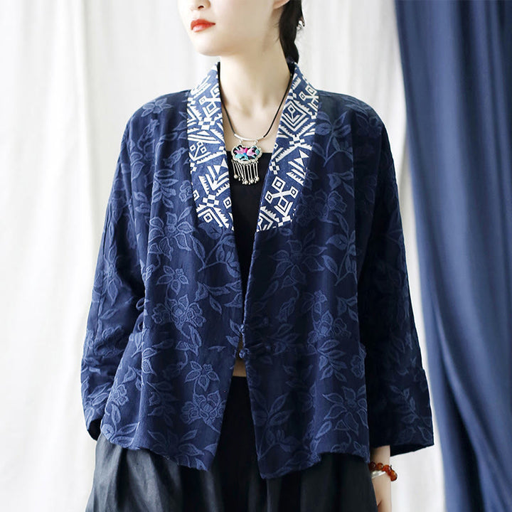 Buddha Stones Flower Jacquard V-Neck Long Sleeve Jacket - image 15