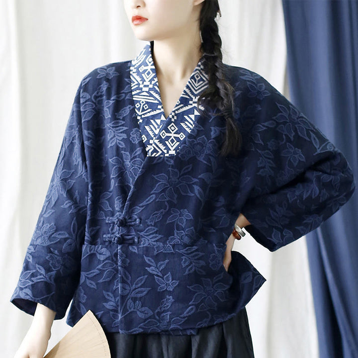 Buddha Stones Flower Jacquard V-Neck Long Sleeve Jacket - image 1