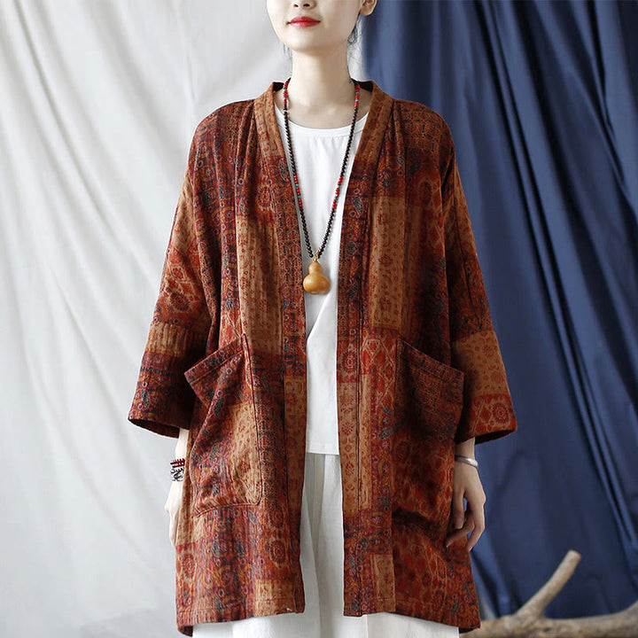 Buddha Stones Orange Flower Geometry Print Cotton Open Front Jacket With Pockets - image 6