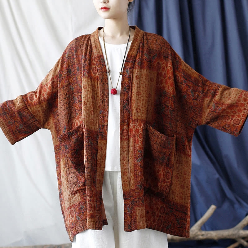 Buddha Stones Orange Flower Geometry Print Cotton Open Front Jacket With Pockets - image 5