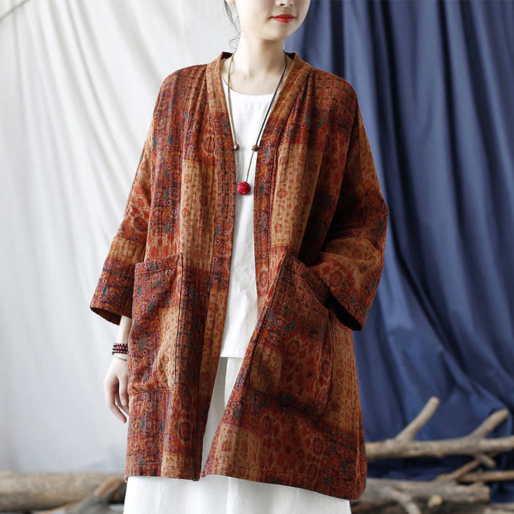 Buddha Stones Orange Flower Geometry Print Cotton Open Front Jacket With Pockets - US4-14，UK/AU8-18，EU36-46 (F)-Jacket Only - image 0