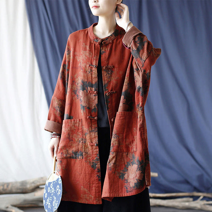 Buddha Stones Orange Peony Flower Frog-Button Open Front Jacket With Pockets - US4-14，UK/AU8-18，EU36-46 (F) - image 0