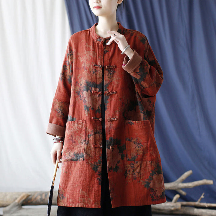 Buddha Stones Orange Peony Flower Frog-Button Open Front Jacket With Pockets - image 17