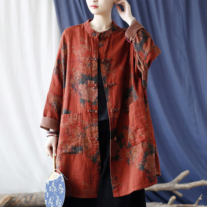 Buddha Stones Orange Peony Flower Frog-Button Open Front Jacket With Pockets - image 20