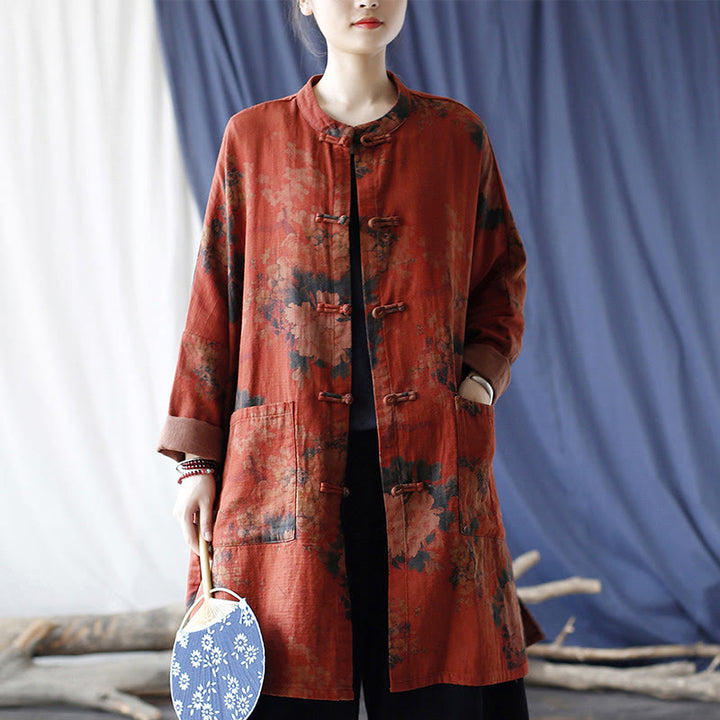 Buddha Stones Orange Peony Flower Frog-Button Open Front Jacket With Pockets - image 16