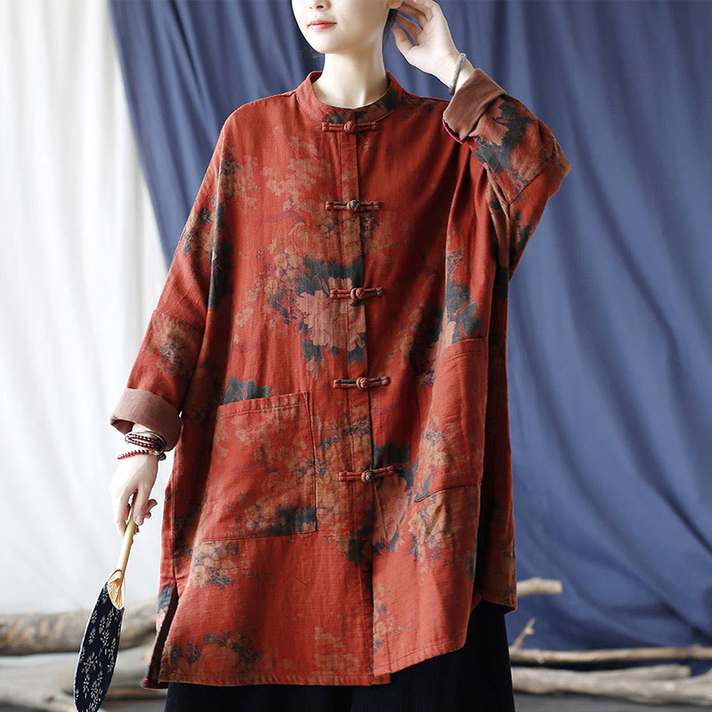 Buddha Stones Orange Peony Flower Frog-Button Open Front Jacket With Pockets - image 19