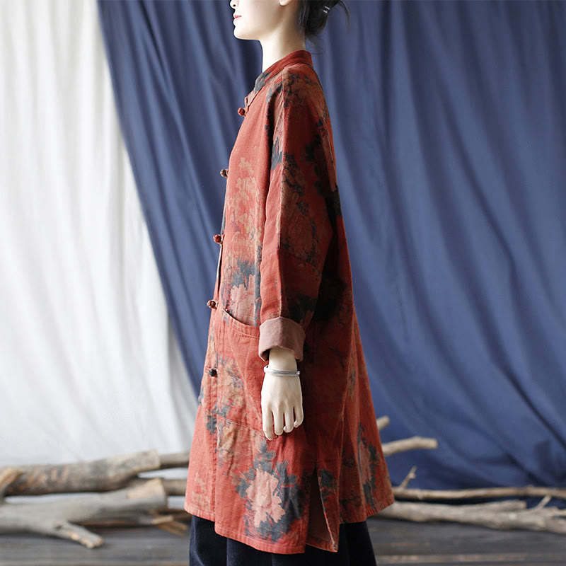 Buddha Stones Orange Peony Flower Cotton Linen Frog-Button Open Front Jacket With Pockets