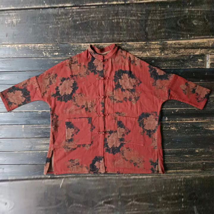 Buddha Stones Orange Peony Flower Frog-Button Open Front Jacket With Pockets - image 13