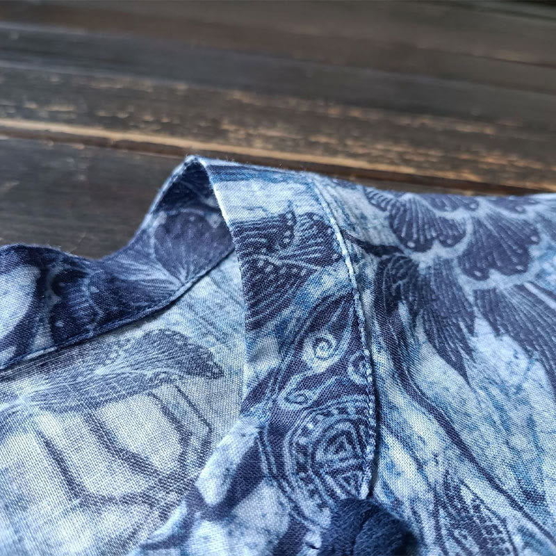Buddha Stones Retro Blue White Flowers Frog-Button Design Long Sleeve Ramie Linen Jacket Shirt - image 13