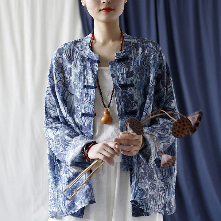 Buddha Stones Retro Blue White Flowers Frog-Button Design Long Sleeve Ramie Linen Jacket Shirt