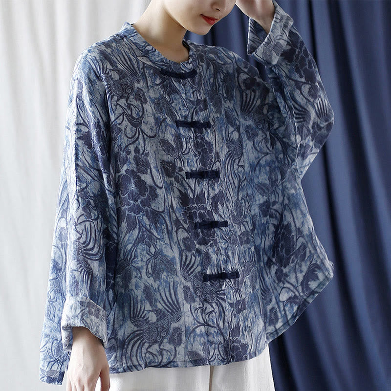 Buddha Stones Retro Blue White Flowers Frog-Button Design Long Sleeve Ramie Linen Jacket Shirt