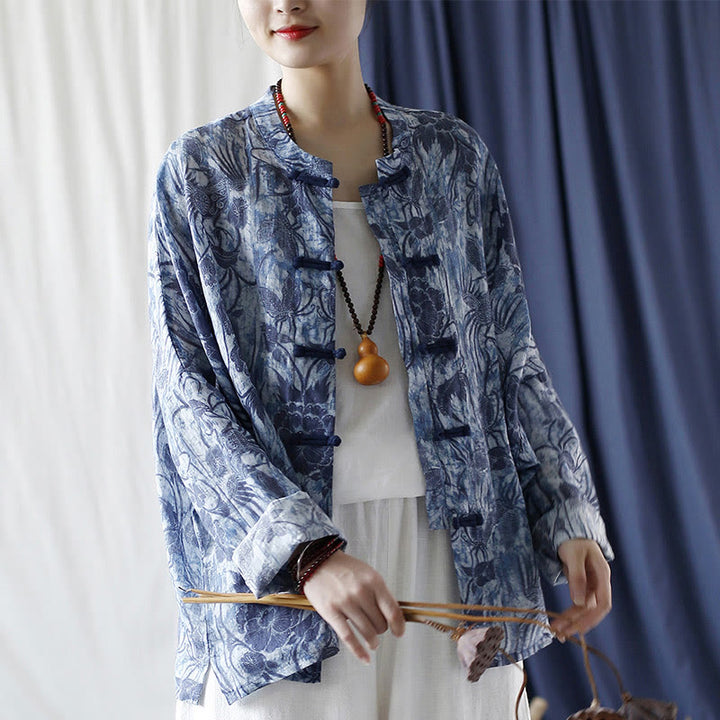 Buddha Stones Retro Blue White Flowers Frog-Button Design Long Sleeve Ramie Linen Jacket Shirt - image 22