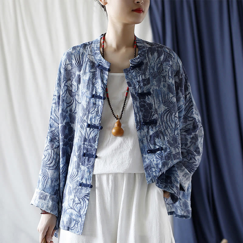 Buddha Stones Retro Blue White Flowers Frog-Button Design Long Sleeve Ramie Linen Jacket Shirt - image 24