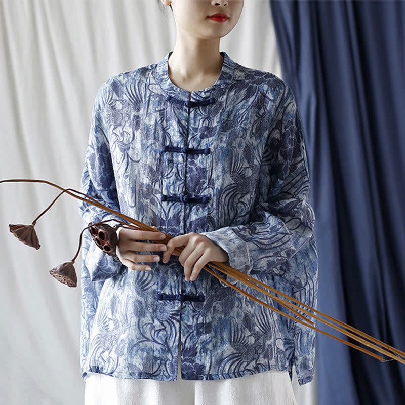Buddha Stones Retro Blue White Flowers Frog-Button Design Long Sleeve Ramie Linen Jacket Shirt - image 25