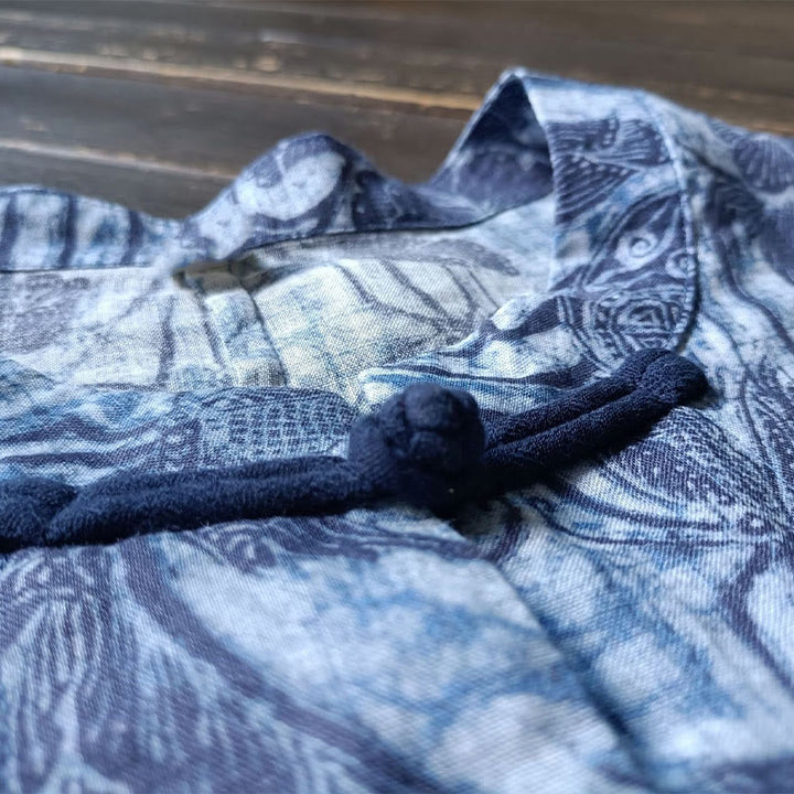 Buddha Stones Retro Blue White Flowers Frog-Button Design Long Sleeve Ramie Linen Jacket Shirt - image 8