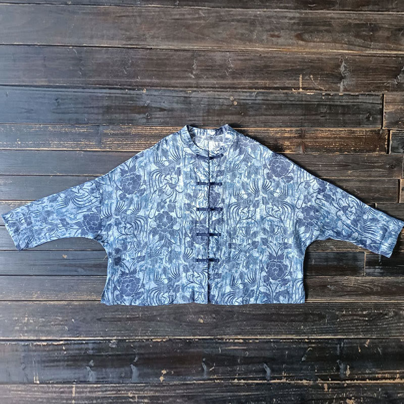 Buddha Stones Retro Blue White Flowers Frog-Button Design Long Sleeve Ramie Linen Jacket Shirt - image 14