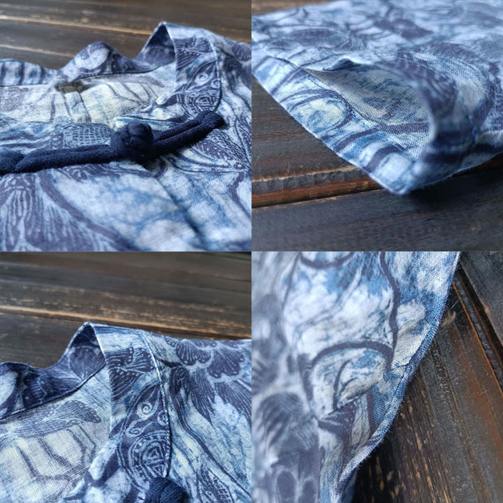 Buddha Stones Retro Blue White Flowers Frog-Button Design Long Sleeve Ramie Linen Jacket Shirt - image 7