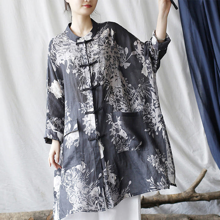 Buddha Stones Blue White Flowers Frog-Button Long Sleeve Ramie Linen Jacket Shirt With Pockets