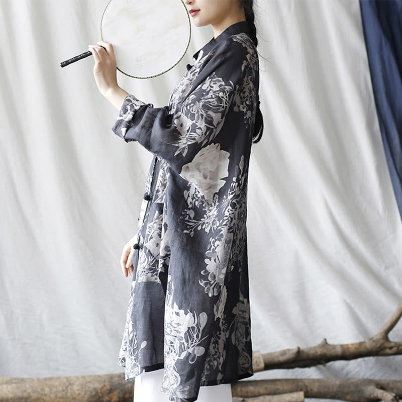 Buddha Stones Blue White Flowers Frog-Button Long Sleeve Ramie Linen Jacket Shirt With Pockets - image 2