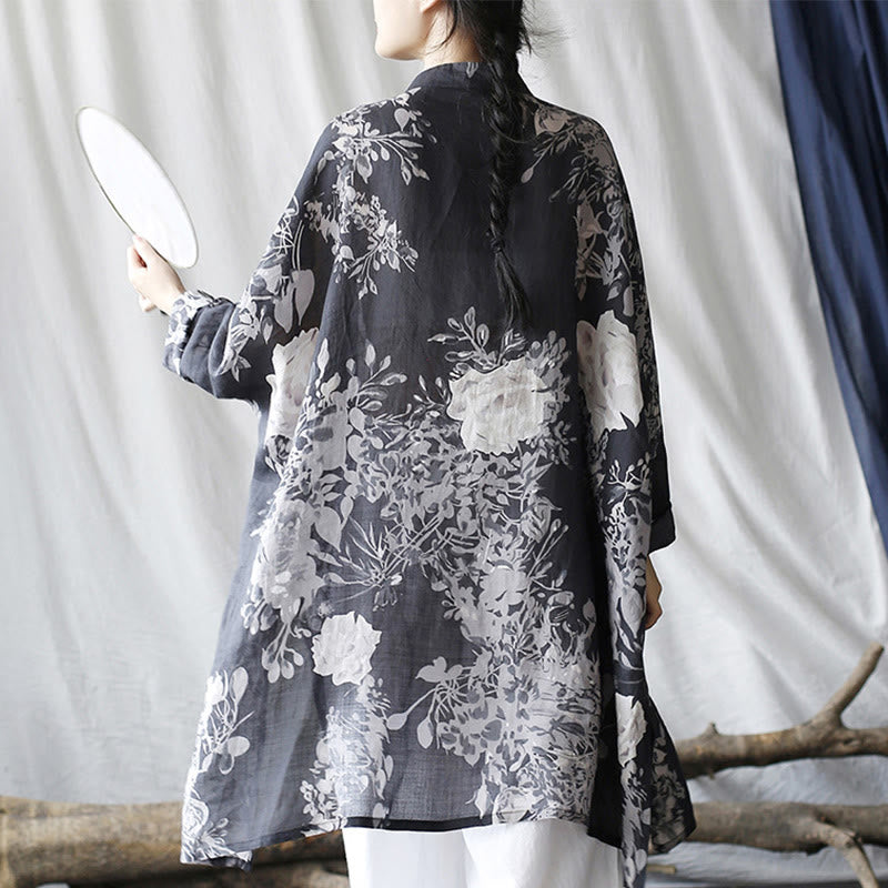 Buddha Stones Blue White Flowers Frog-Button Long Sleeve Ramie Linen Jacket Shirt With Pockets