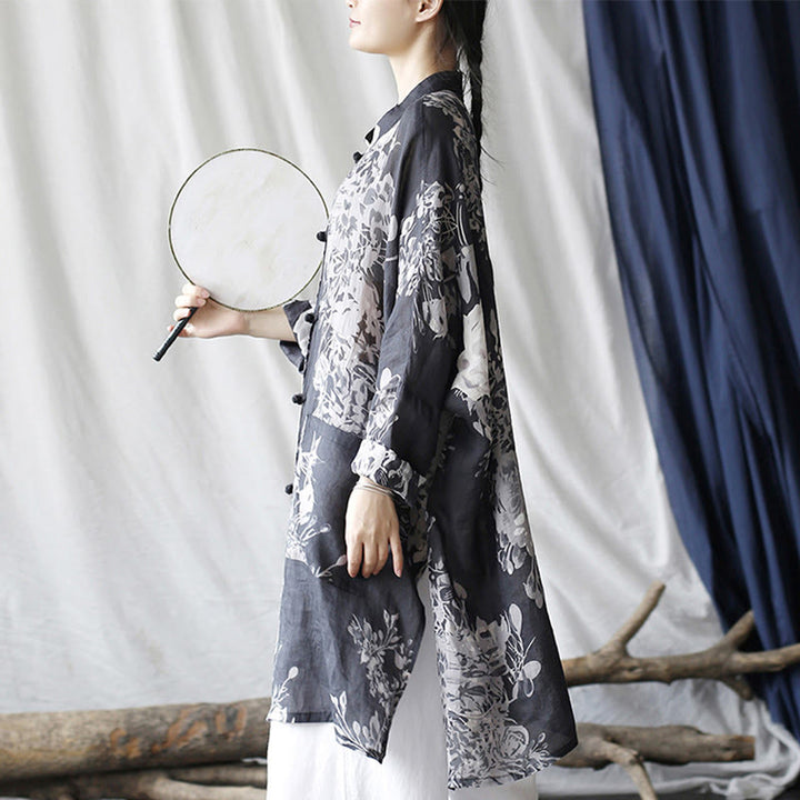 Buddha Stones Blue White Flowers Frog-Button Long Sleeve Ramie Linen Jacket Shirt With Pockets - image 6