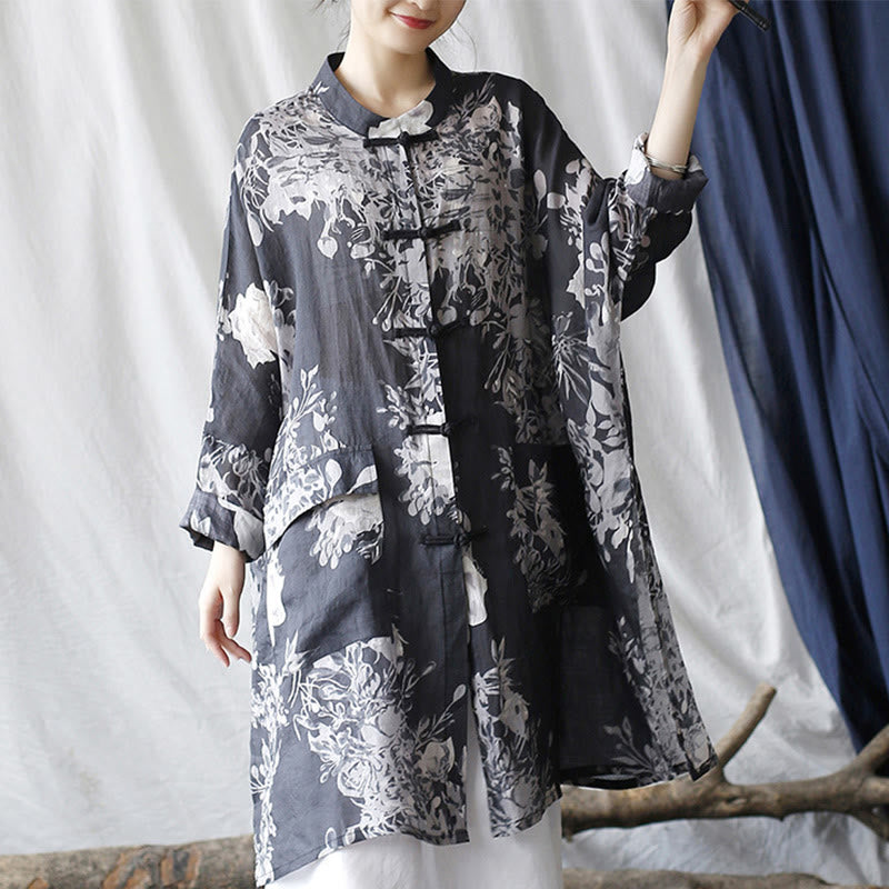 Buddha Stones Blue White Flowers Frog-Button Long Sleeve Ramie Linen Jacket Shirt With Pockets