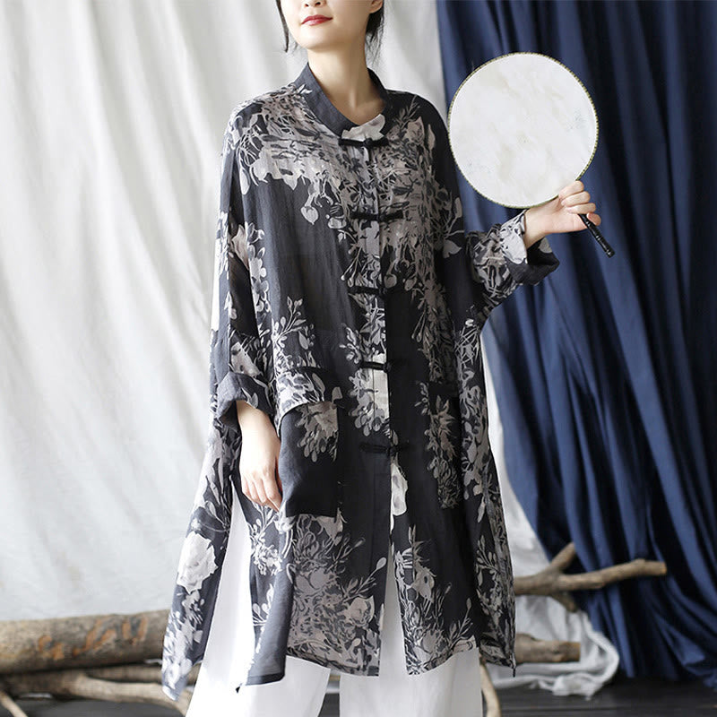 Buddha Stones Blue White Flowers Frog-Button Long Sleeve Ramie Linen Jacket Shirt With Pockets