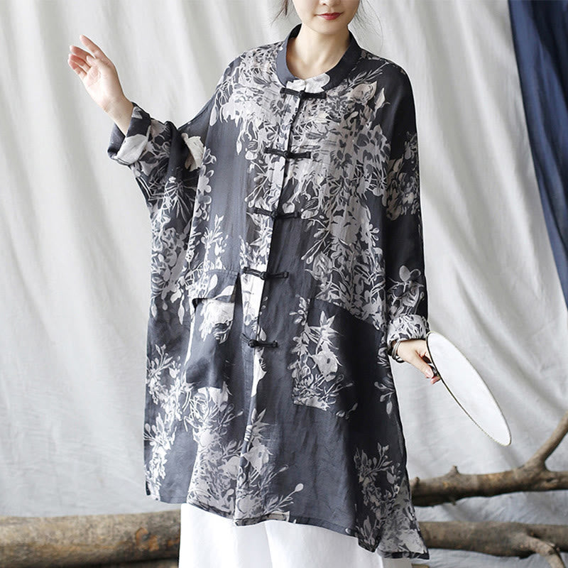 Buddha Stones Blue White Flowers Frog-Button Long Sleeve Ramie Linen Jacket Shirt With Pockets