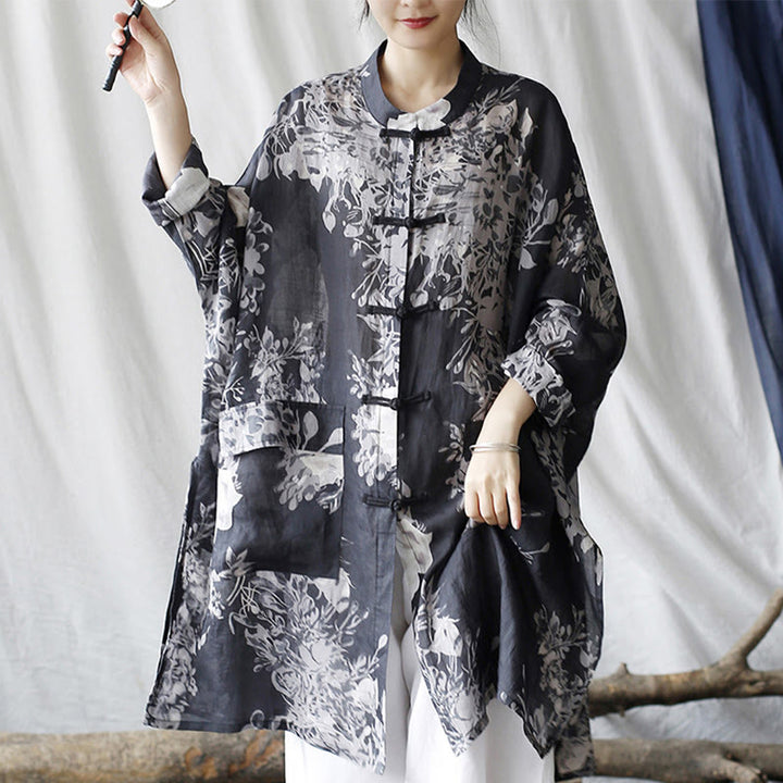 Buddha Stones Blue White Flowers Frog-Button Long Sleeve Ramie Linen Jacket Shirt With Pockets - US4-16，UK/AU8-20，EU36-48 (F)(Jacket Only) - image 0