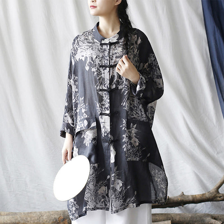 Buddha Stones Blue White Flowers Frog-Button Long Sleeve Ramie Linen Jacket Shirt With Pockets