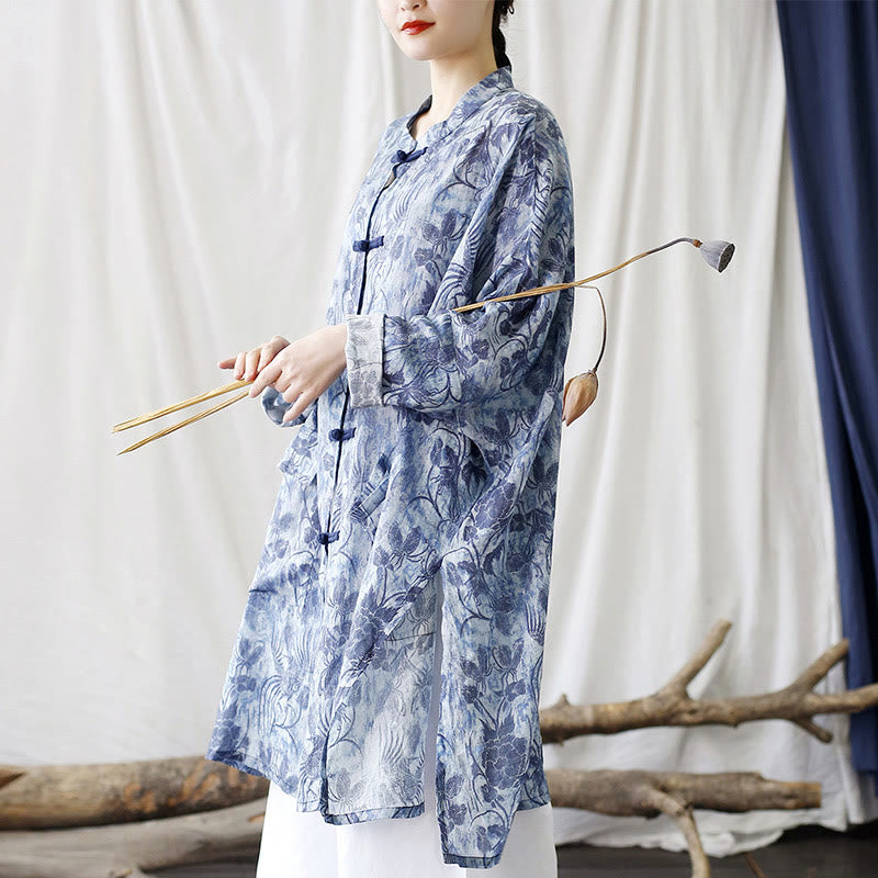 Buddha Stones Blue Flowers Butterfly Frog-Button Long Sleeve Ramie Linen Jacket Shirt With Pockets