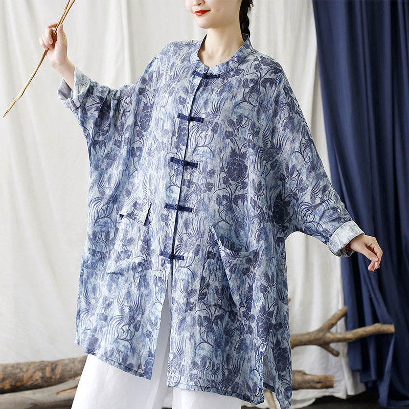 Buddha Stones Blue Flowers Butterfly Frog-Button Long Sleeve Ramie Linen Jacket Shirt With Pockets