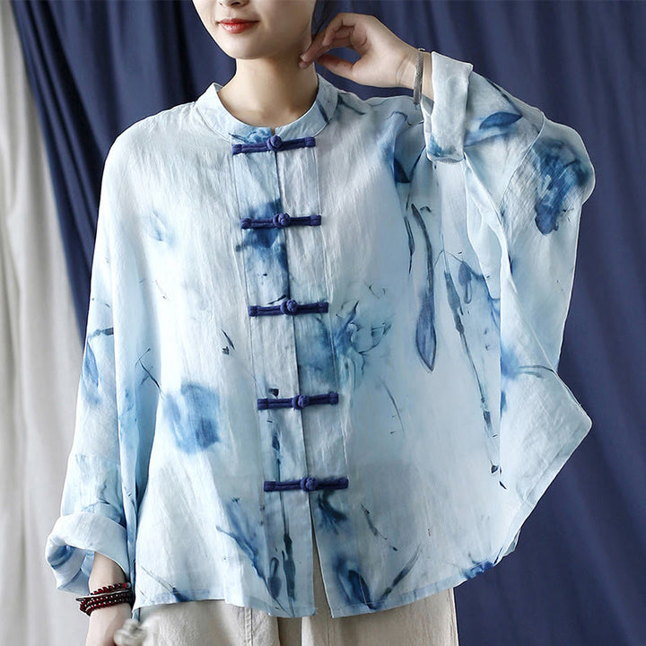 Buddha Stones Tie Dye Blue Flowers Frog-Button Design Long Sleeve Ramie Linen Jacket Shirt - image 7