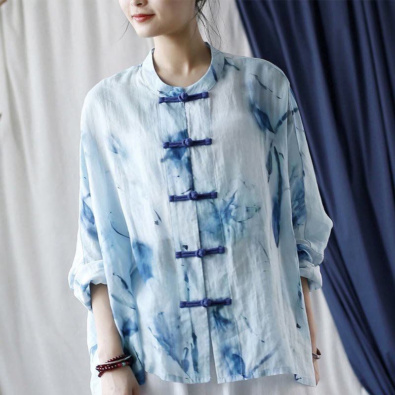 Buddha Stones Tie Dye Blue Flowers Frog-Button Design Long Sleeve Ramie Linen Jacket Shirt - image 13