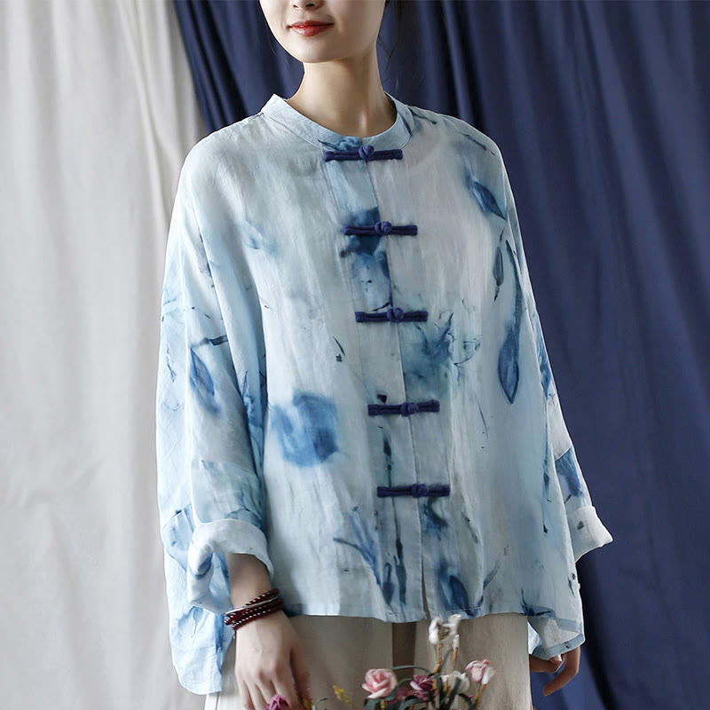 Buddha Stones Tie Dye Blue Flowers Frog-Button Design Long Sleeve Ramie Linen Jacket Shirt