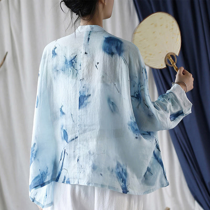 Buddha Stones Tie Dye Blue Flowers Frog-Button Design Long Sleeve Ramie Linen Jacket Shirt