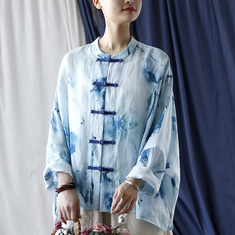 Buddha Stones Tie Dye Blue Flowers Frog-Button Design Long Sleeve Ramie Linen Jacket Shirt