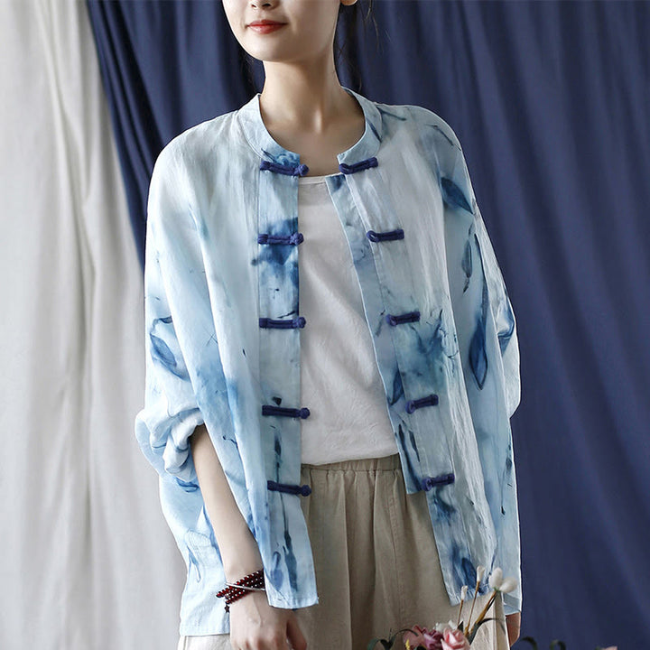 Buddha Stones Tie Dye Blue Flowers Frog-Button Design Long Sleeve Ramie Linen Jacket Shirt