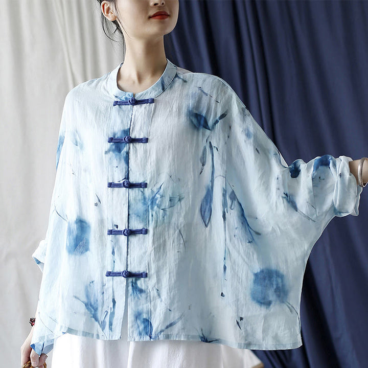 Buddha Stones Tie Dye Blue Flowers Frog-Button Design Long Sleeve Ramie Linen Jacket Shirt