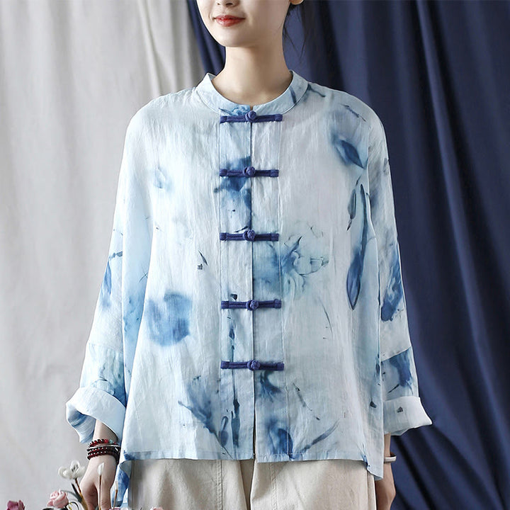 Buddha Stones Tie Dye Blue Flowers Frog-Button Design Long Sleeve Ramie Linen Jacket Shirt - image 8