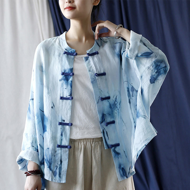 Buddha Stones Tie Dye Blue Flowers Frog-Button Design Long Sleeve Ramie Linen Jacket Shirt - image 18