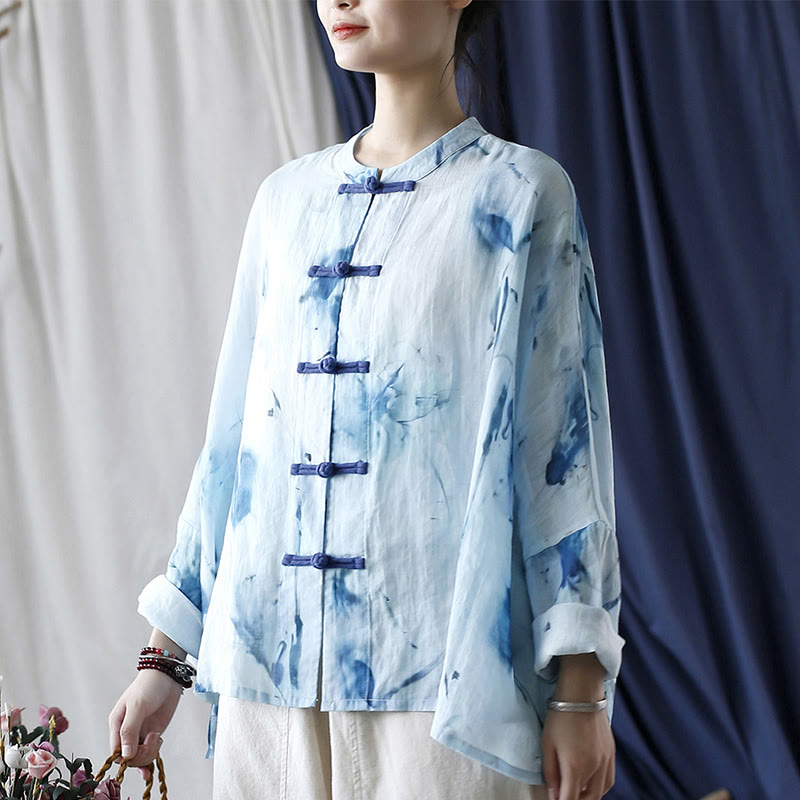 Buddha Stones Tie Dye Blue Flowers Frog-Button Design Long Sleeve Ramie Linen Jacket Shirt - image 19