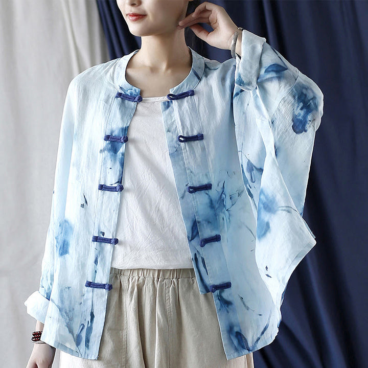 Buddha Stones Tie Dye Blue Flowers Frog-Button Design Long Sleeve Ramie Linen Jacket Shirt - image 21