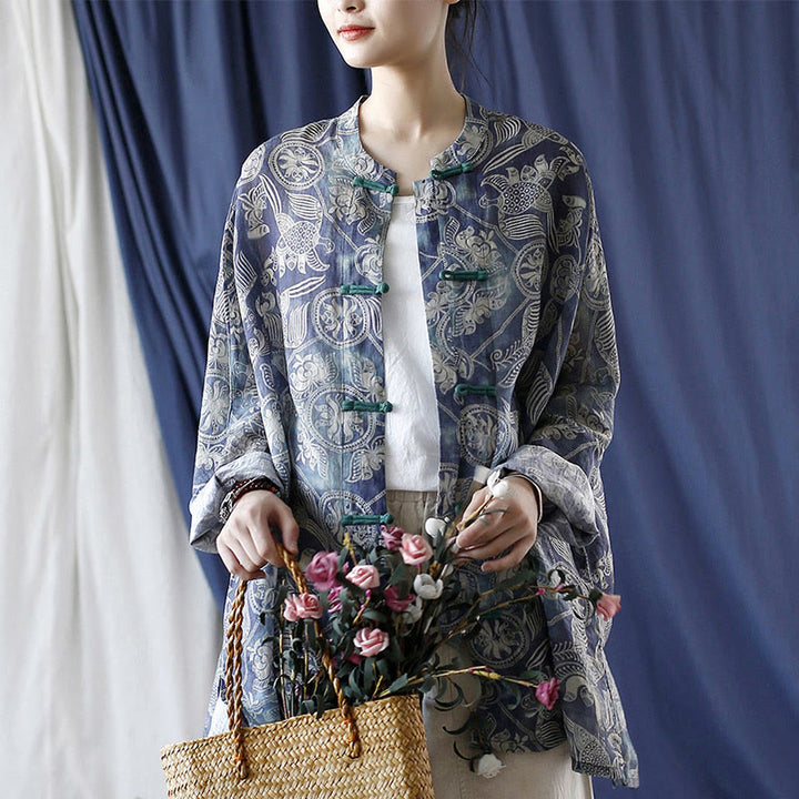 Buddha Stones Birds Flowers Geometry Frog-Button Long Sleeve Ramie Linen Jacket Shirt