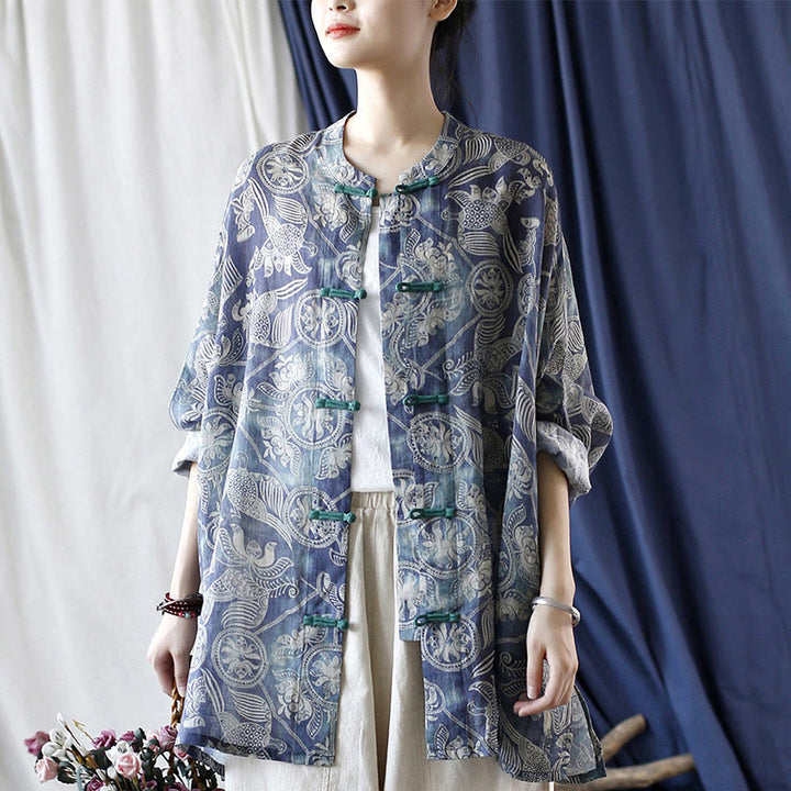 Buddha Stones Birds Flowers Geometry Frog-Button Long Sleeve Ramie Linen Jacket Shirt