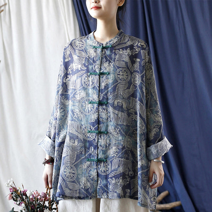 Buddha Stones Birds Flowers Geometry Frog-Button Long Sleeve Ramie Linen Jacket Shirt - image 1