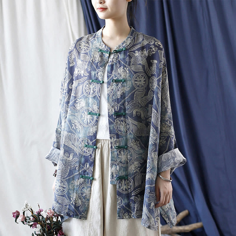 Buddha Stones Birds Flowers Geometry Frog-Button Long Sleeve Ramie Linen Jacket Shirt