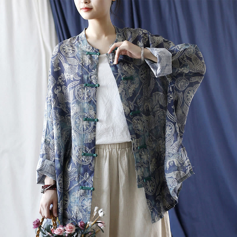 Buddha Stones Birds Flowers Geometry Frog-Button Long Sleeve Ramie Linen Jacket Shirt