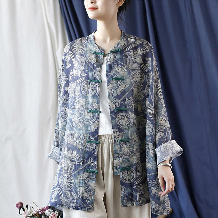 Buddha Stones Birds Flowers Geometry Frog-Button Long Sleeve Ramie Linen Jacket Shirt - image 18